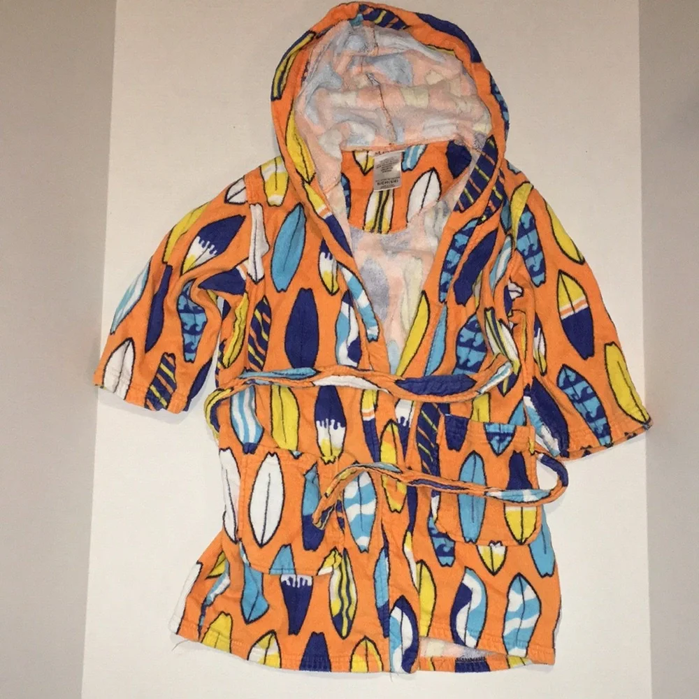 Orange Hooded Kids Robe with Surfboard Print